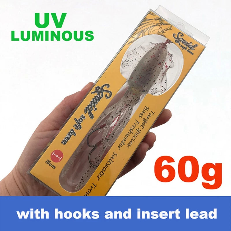 Silicone Squid Fishing Lure com gancho, Isca macia, Artificial Sea Wobbler, Polvo Cabeça Jigs, Luminoso, 60g, 1Pc