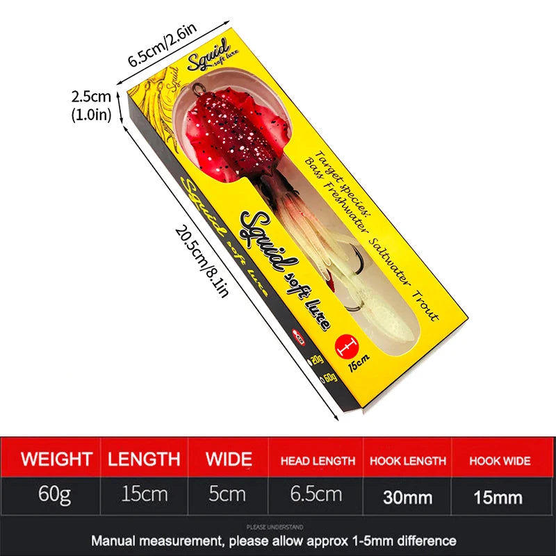 Silicone Squid Fishing Lure com gancho, Isca macia, Artificial Sea Wobbler, Polvo Cabeça Jigs, Luminoso, 60g, 1Pc