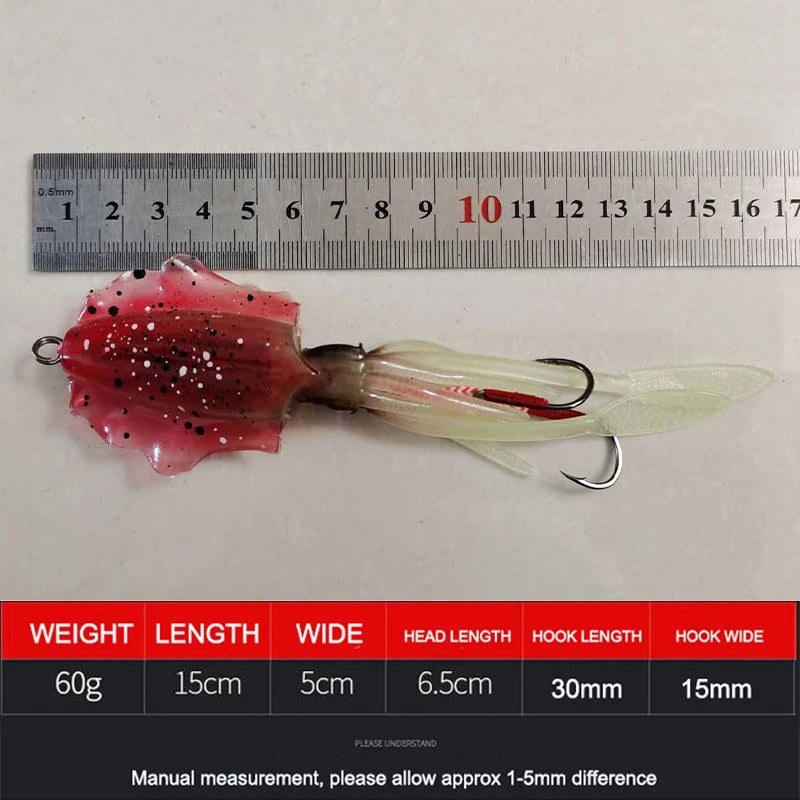 Silicone Squid Fishing Lure com gancho, Isca macia, Artificial Sea Wobbler, Polvo Cabeça Jigs, Luminoso, 60g, 1Pc