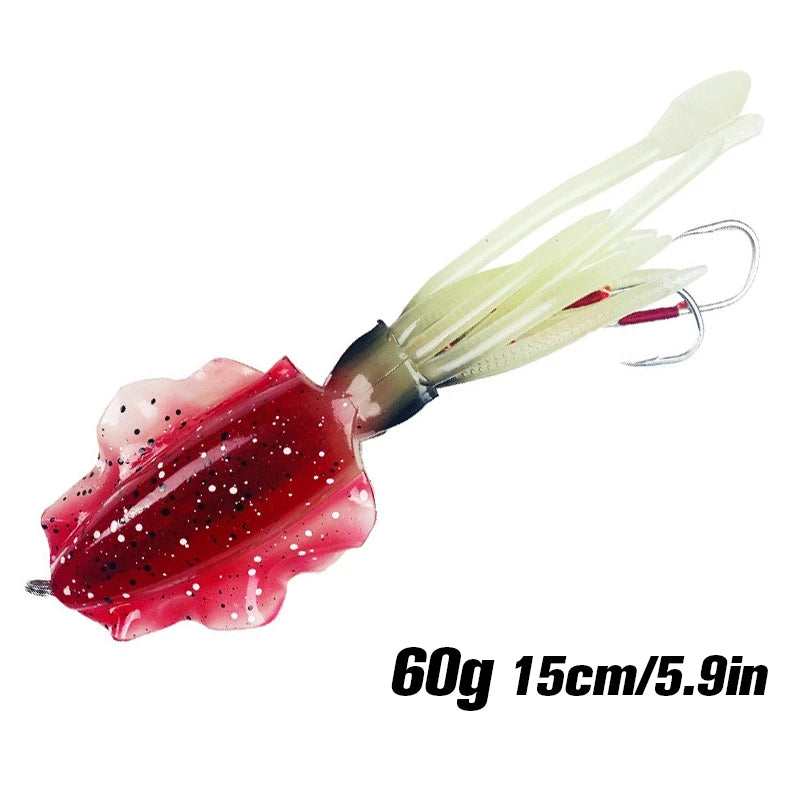 Silicone Squid Fishing Lure com gancho, Isca macia, Artificial Sea Wobbler, Polvo Cabeça Jigs, Luminoso, 60g, 1Pc