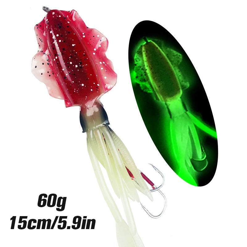Silicone Squid Fishing Lure com gancho, Isca macia, Artificial Sea Wobbler, Polvo Cabeça Jigs, Luminoso, 60g, 1Pc