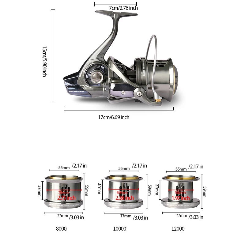 Deukio 2024 carretel grande longo tiro jigging molinete 8000 10000 12000 série 8 + 1bb carretilhas de pesca de surf 44lb arraste máximo água salgada