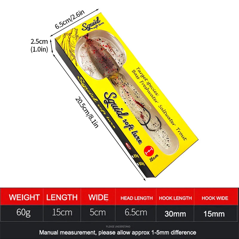 Silicone Squid Fishing Lure com gancho, Isca macia, Artificial Sea Wobbler, Polvo Cabeça Jigs, Luminoso, 60g, 1Pc