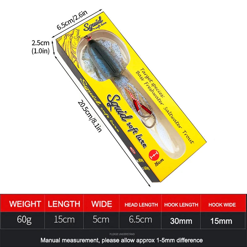 Silicone Squid Fishing Lure com gancho, Isca macia, Artificial Sea Wobbler, Polvo Cabeça Jigs, Luminoso, 60g, 1Pc