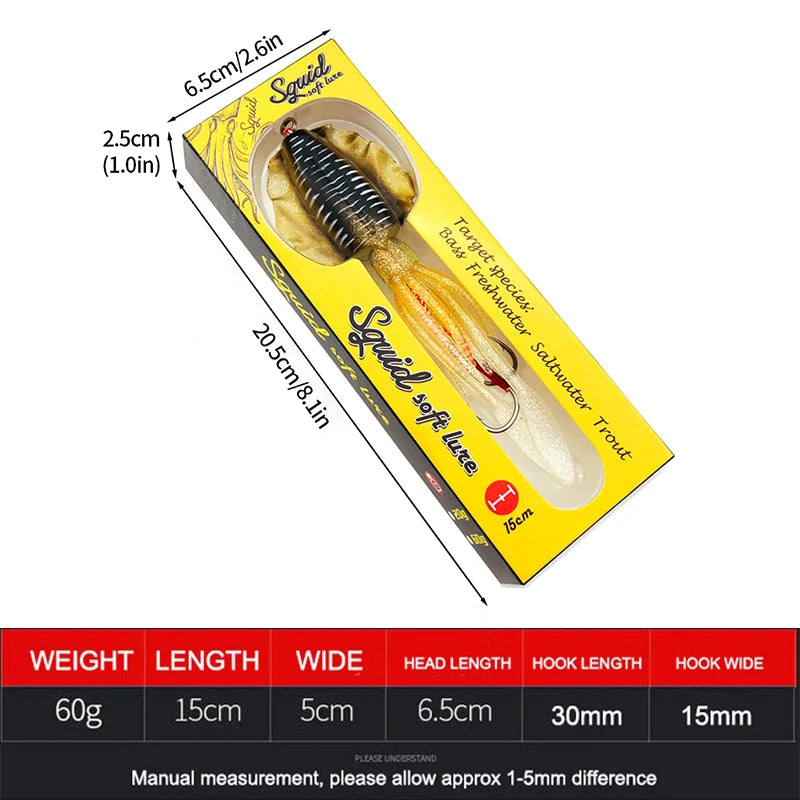 Silicone Squid Fishing Lure com gancho, Isca macia, Artificial Sea Wobbler, Polvo Cabeça Jigs, Luminoso, 60g, 1Pc