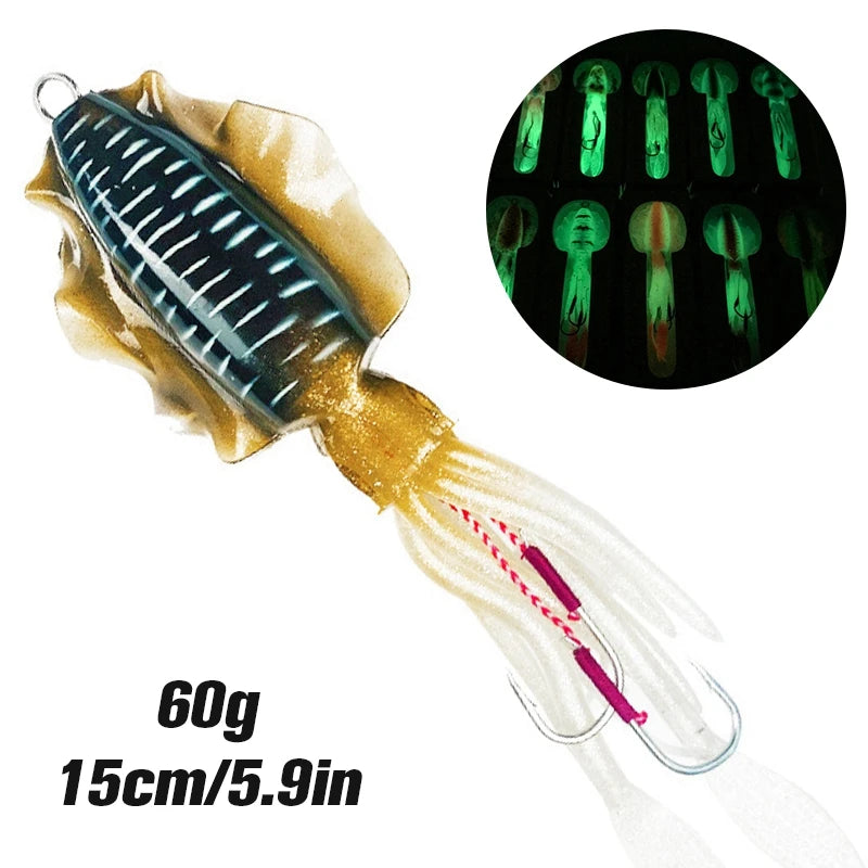 Silicone Squid Fishing Lure com gancho, Isca macia, Artificial Sea Wobbler, Polvo Cabeça Jigs, Luminoso, 60g, 1Pc