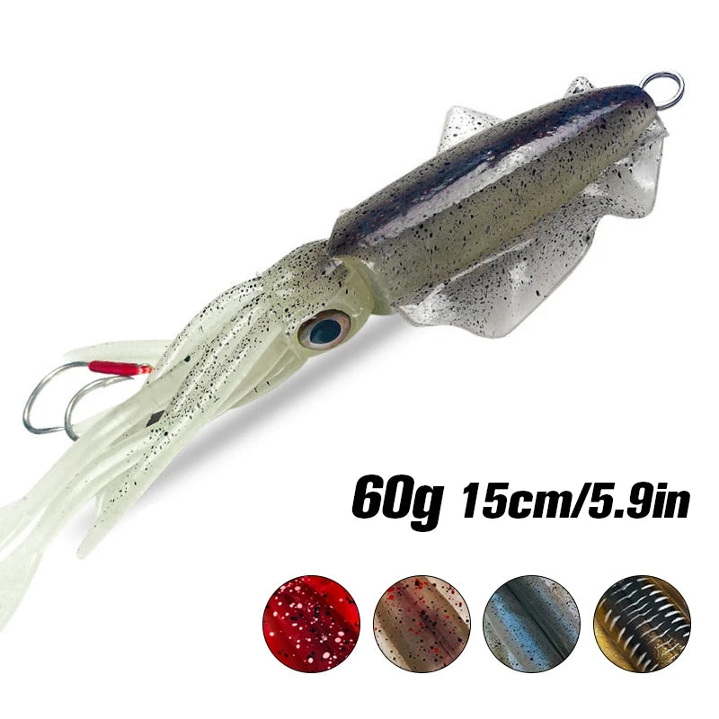 Silicone Squid Fishing Lure com gancho, Isca macia, Artificial Sea Wobbler, Polvo Cabeça Jigs, Luminoso, 60g, 1Pc