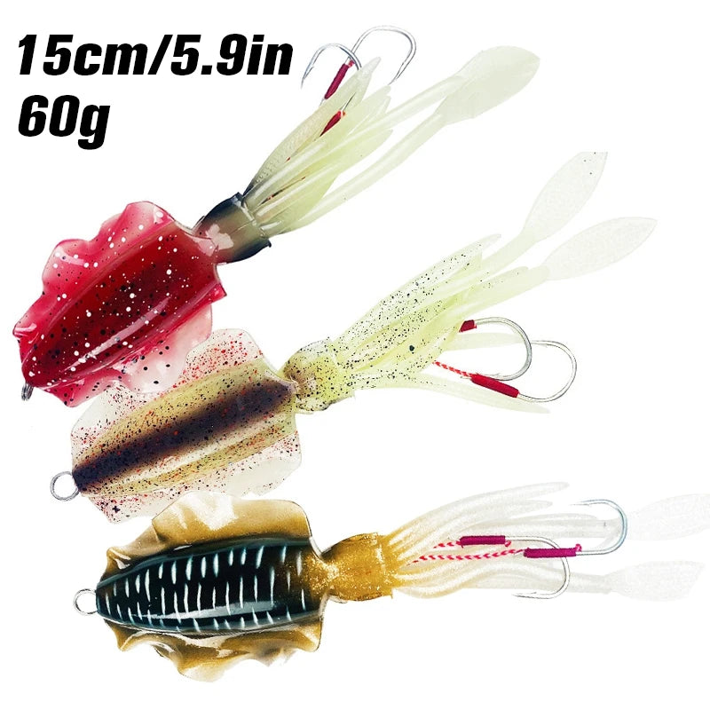 Silicone Squid Fishing Lure com gancho, Isca macia, Artificial Sea Wobbler, Polvo Cabeça Jigs, Luminoso, 60g, 1Pc
