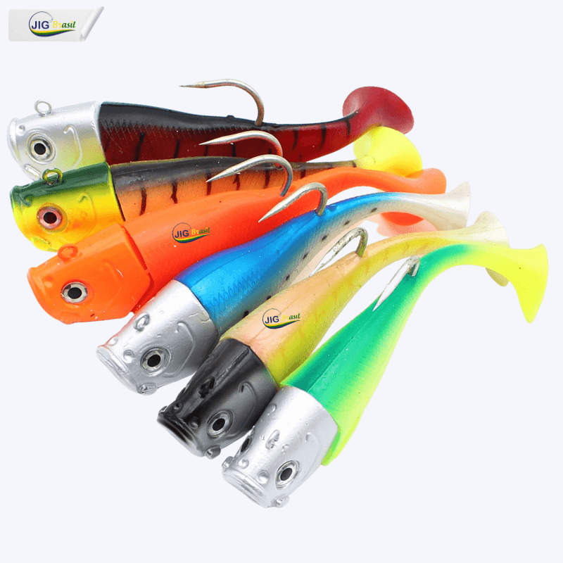 Isca Artificial Shad Garoupeiro 19cm 305 Gramas Olhos 3D Uma Cabeça e 3 Shads - Jig Brasil