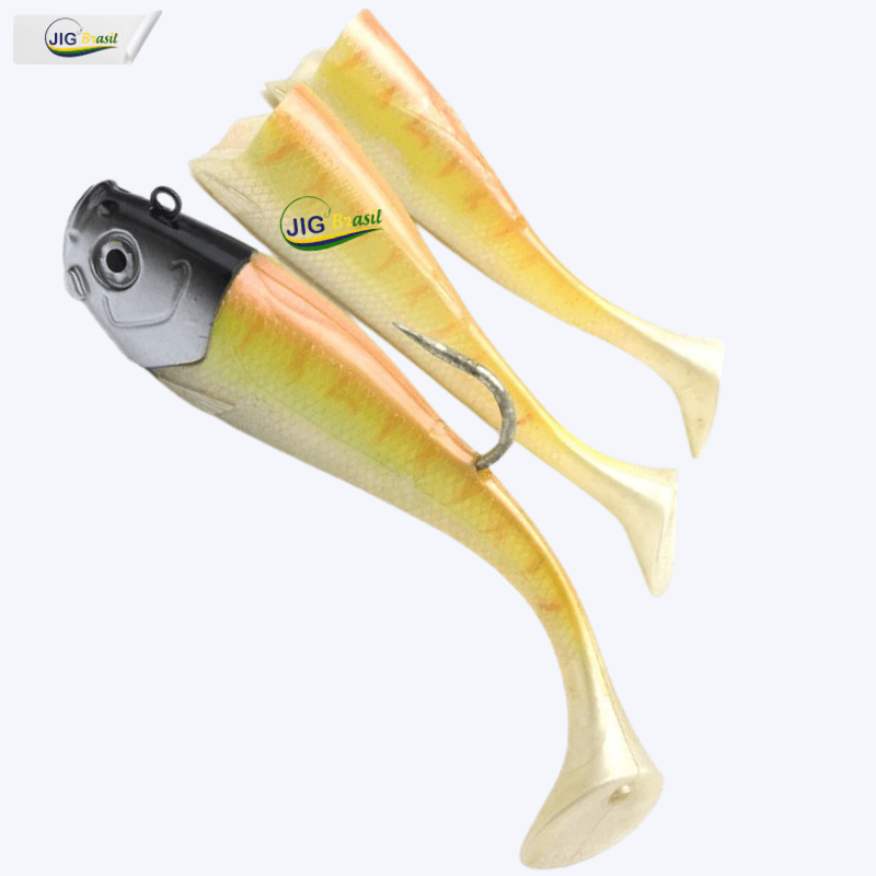 Isca Artificial Shad Garoupeiro 19cm 305 Gramas Olhos 3D Uma Cabeça e 3 Shads - Jig Brasil