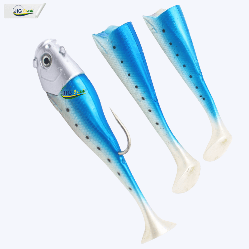 Isca Artificial Shad Garoupeiro 19cm 305 Gramas Olhos 3D Uma Cabeça e 3 Shads - Jig Brasil