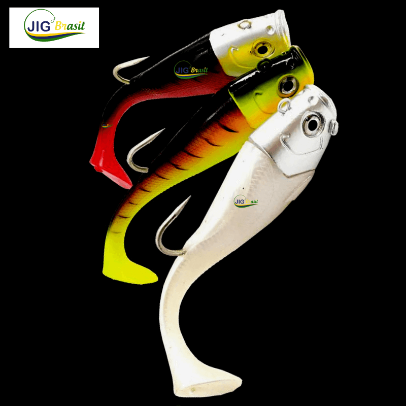 Isca Artificial Shad Garoupeiro 19cm 305 Gramas Olhos 3D Uma Cabeça e 3 Shads - Jig Brasil