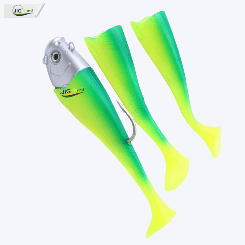 Isca Artificial Shad Garoupeiro 19cm 305 Gramas Olhos 3D Uma Cabeça e 3 Shads - Jig Brasil